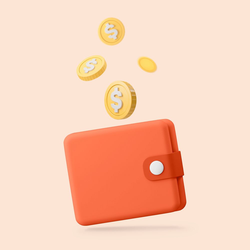3D wallet clipart, falling coins, savings concept
