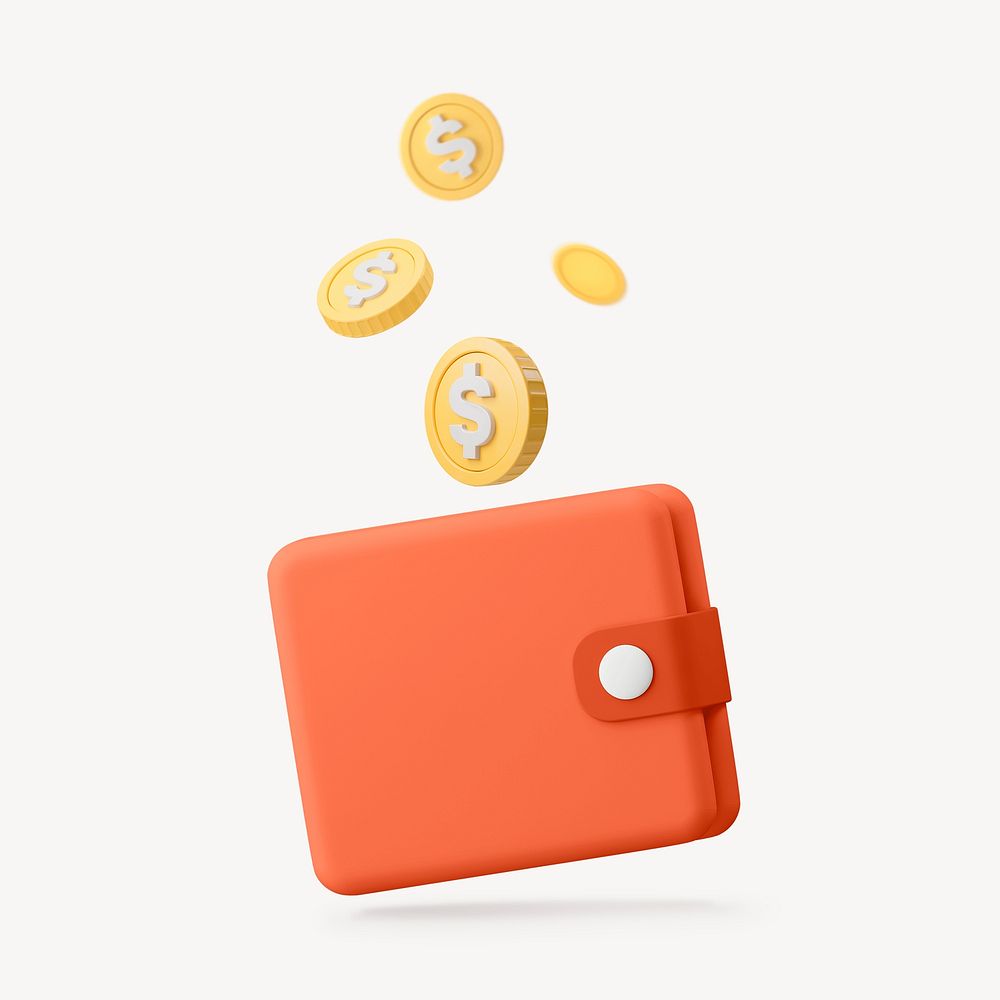 3D wallet, falling coins, savings concept psd