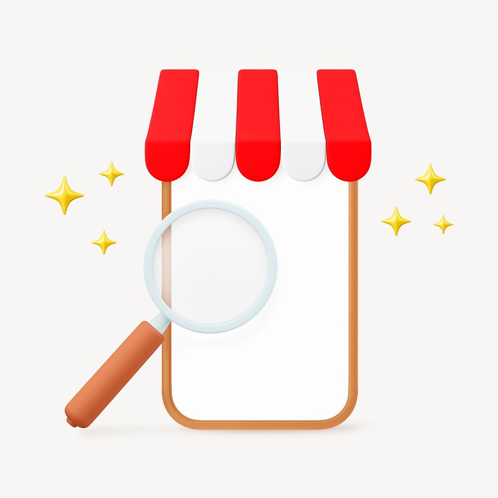 Searching online store, 3D smartphone, magnifying glass illustration