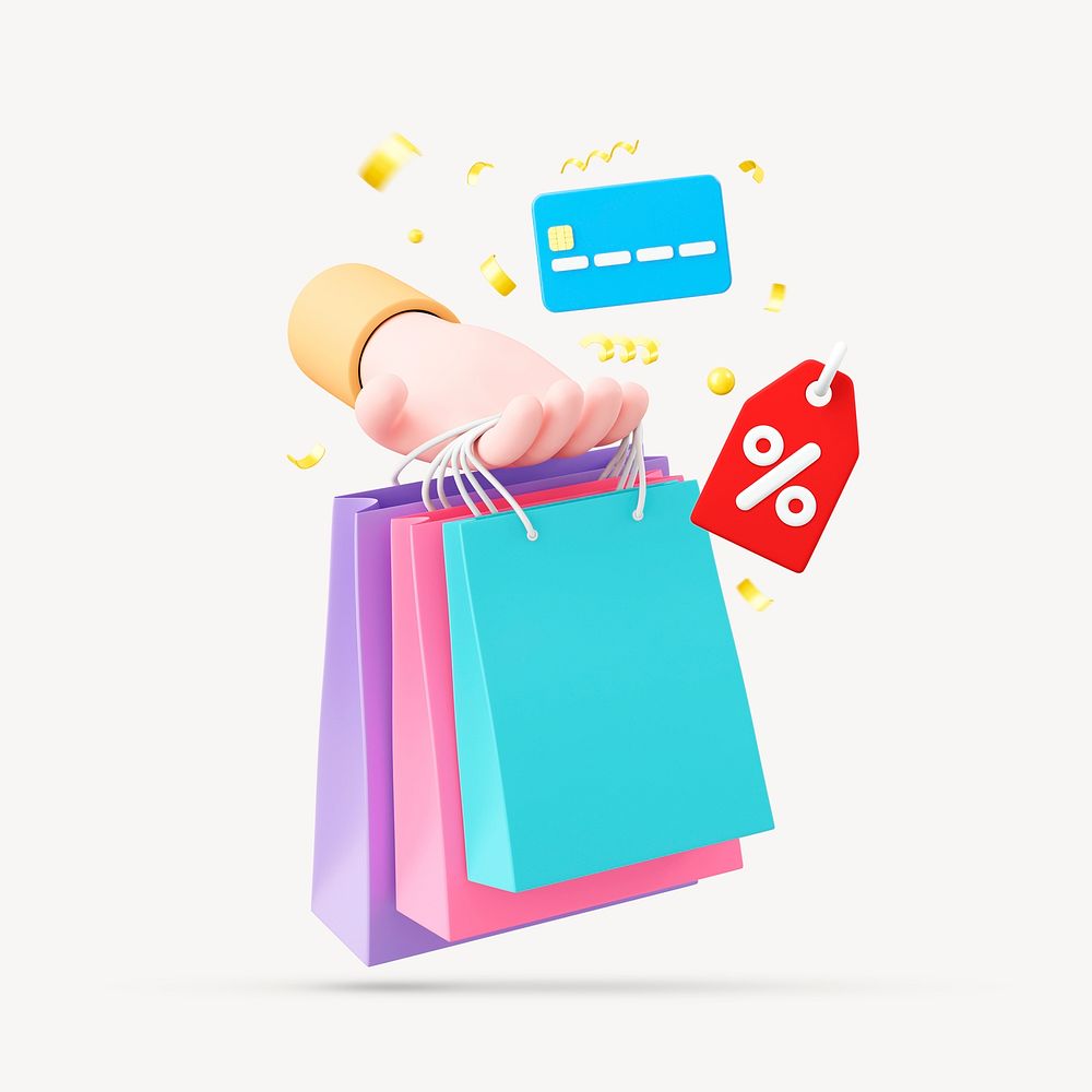 Hand holding shopping bags, credit card, 3D illustration psd