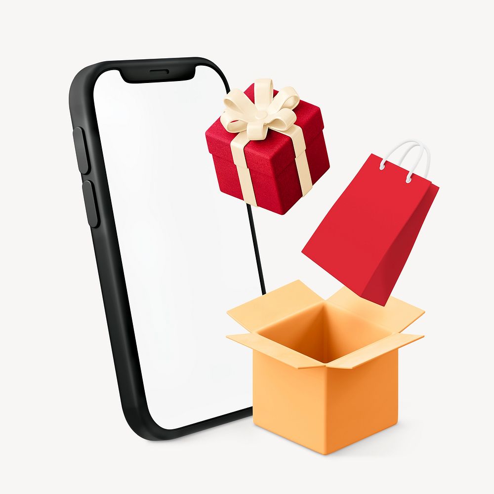 3D gift box, online shopping smartphone illustration