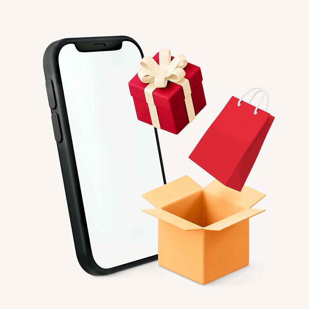 3D gift box, online shopping smartphone illustration psd