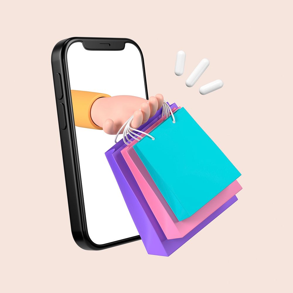 Online shopping smartphone, 3D hand holding bags illustration