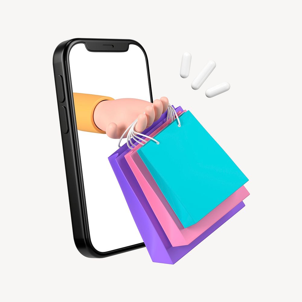 Online shopping smartphone, 3D hand holding bags illustration psd