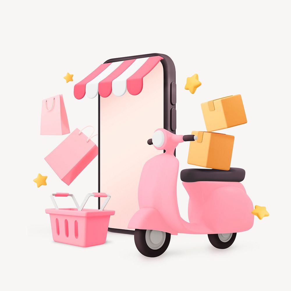 Online shopping 3D, delivery service motorcycle illustration