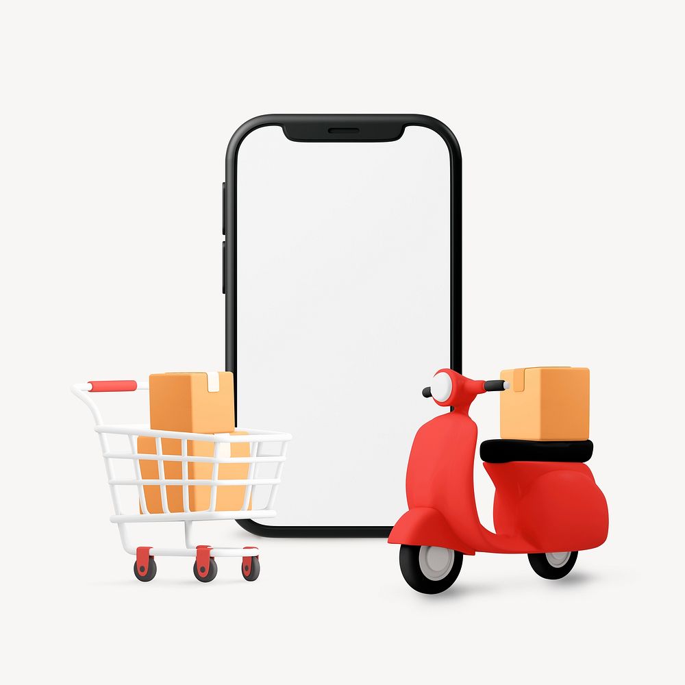 3D online shopping smartphone, package delivery concept illustration