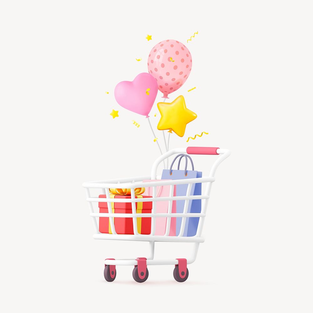 Birthday gift shopping, 3D trolley illustration