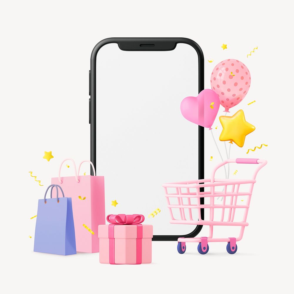 Birthday gift shopping, 3D smartphone illustration