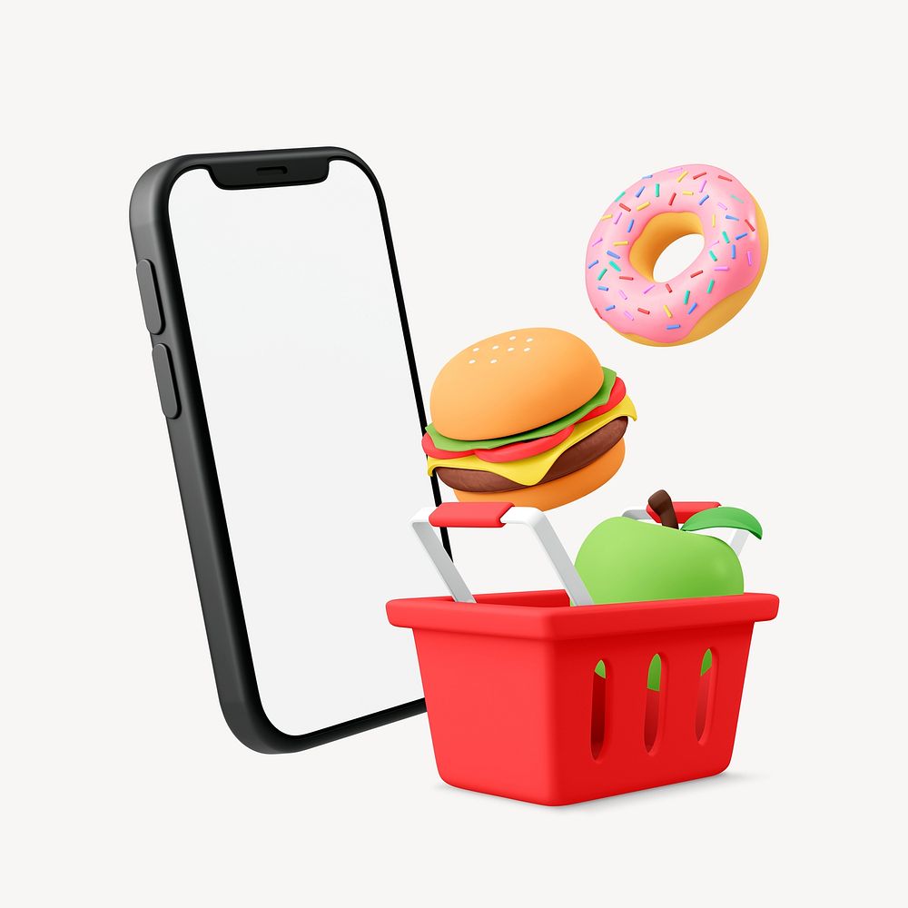 Online grocery shopping, 3D smartphone, food illustration
