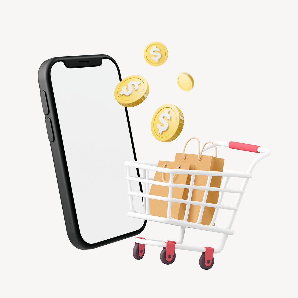 Online shopping cart, 3D smartphone illustration