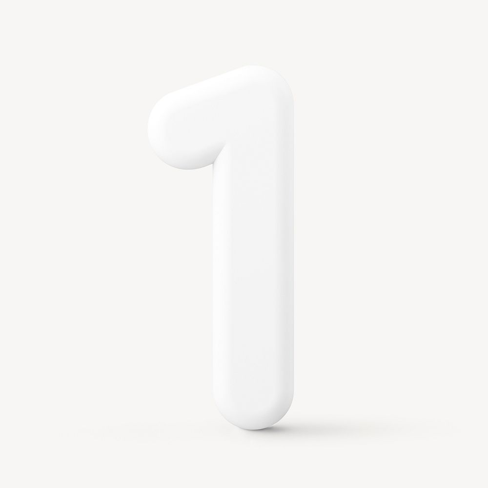 1 number clipart, 3D rendering font in white