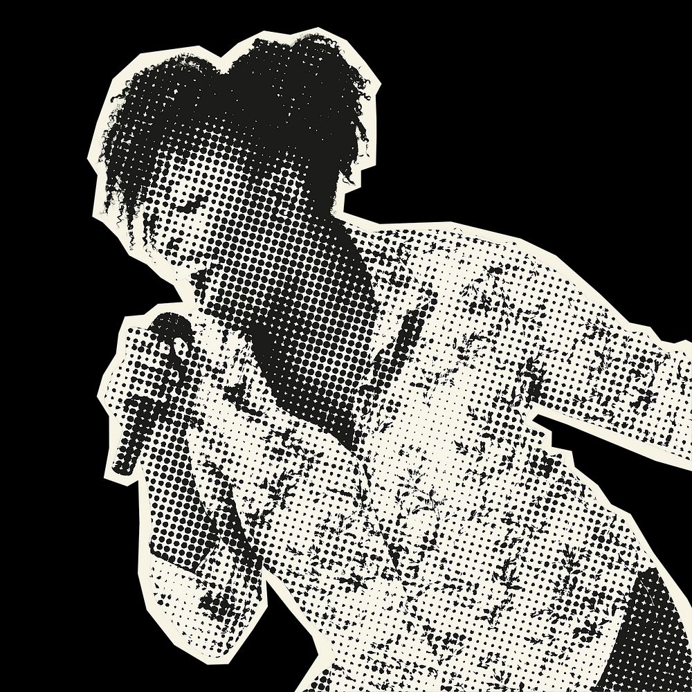 Female singer collage element, black & white half tone design psd