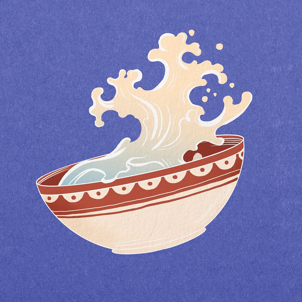 Noodle bowl splash, vintage oriental illustration psd