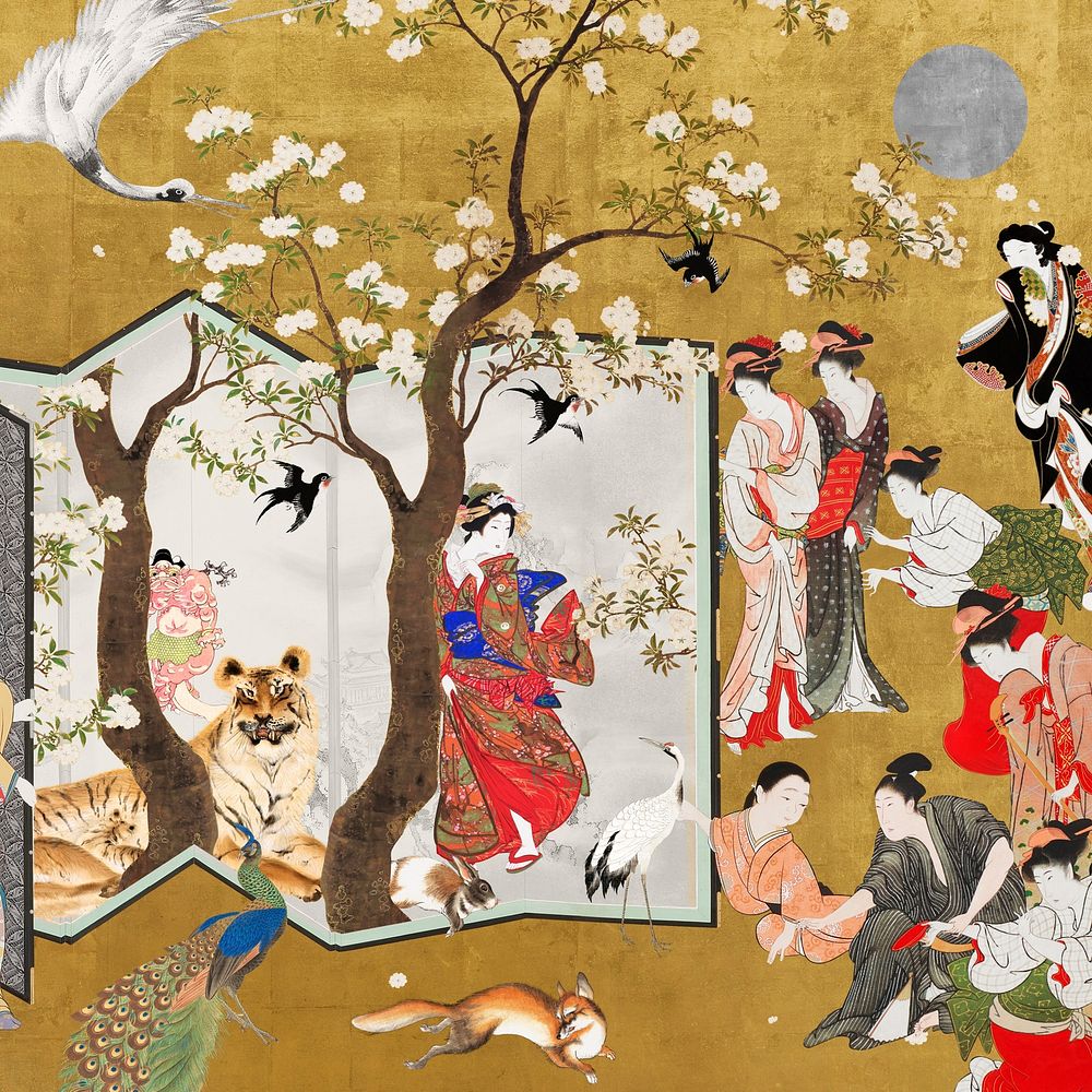 Vintage Japanese background, people enjoying cherry blossom festival