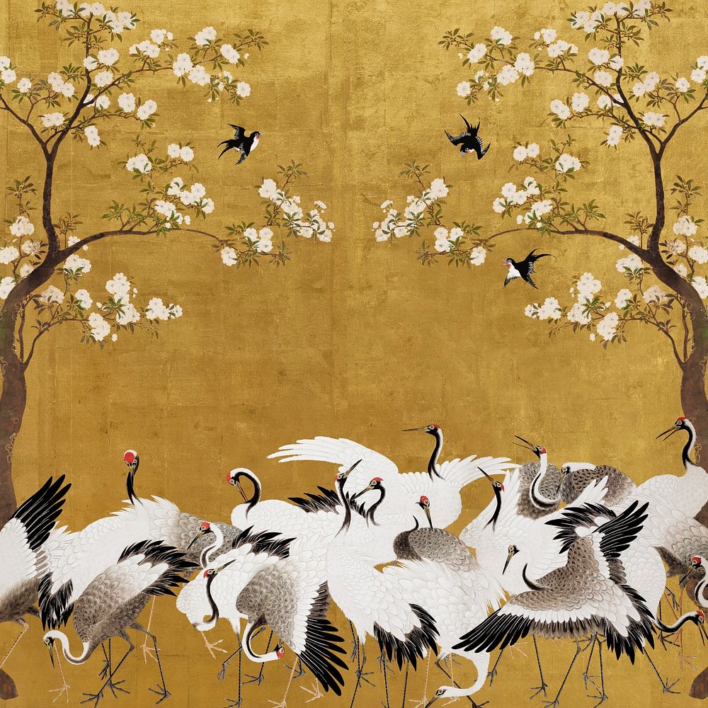 Hokusai's gold cranes background, Japanese animal illustration