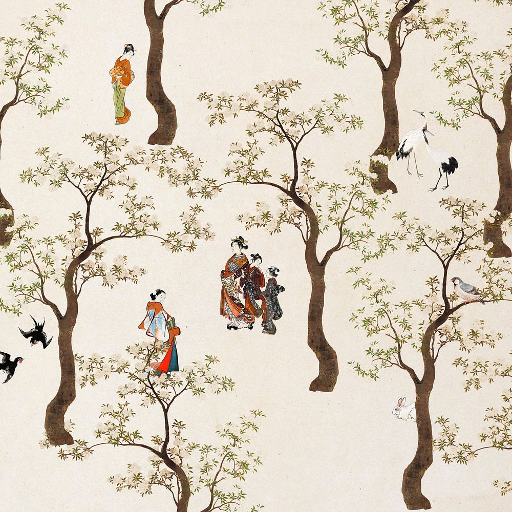 Vintage Japanese people enjoying cherry blossom festival illustration