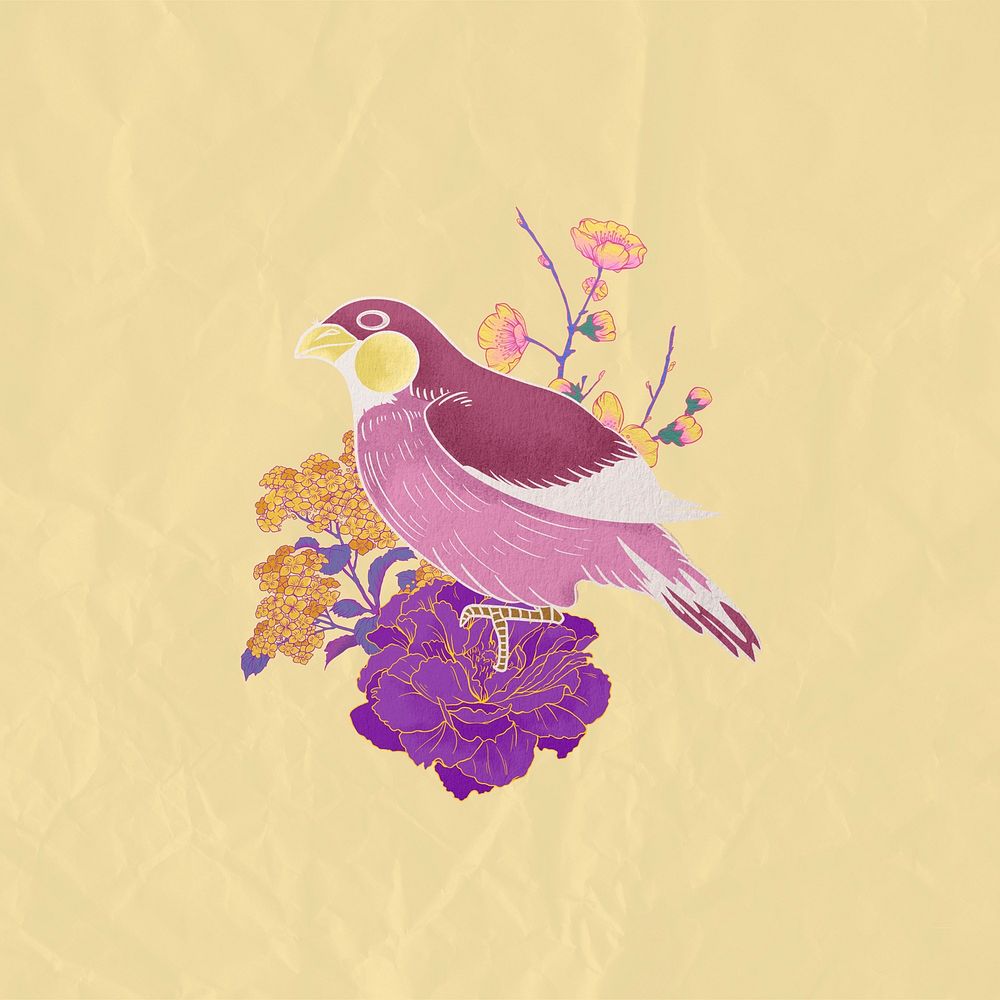 Purple vintage bird, beige paper texture background