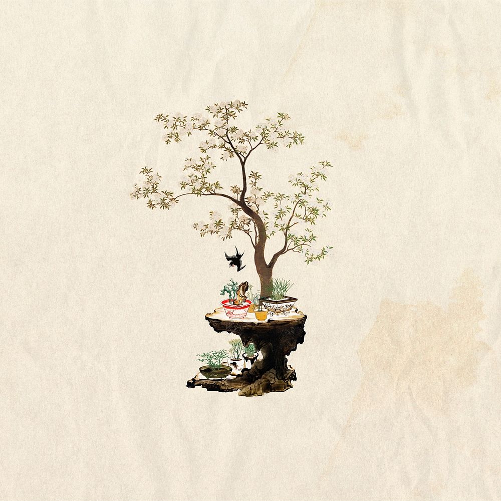 Vintage bonsai background, Japanese ukiyo-e illustration