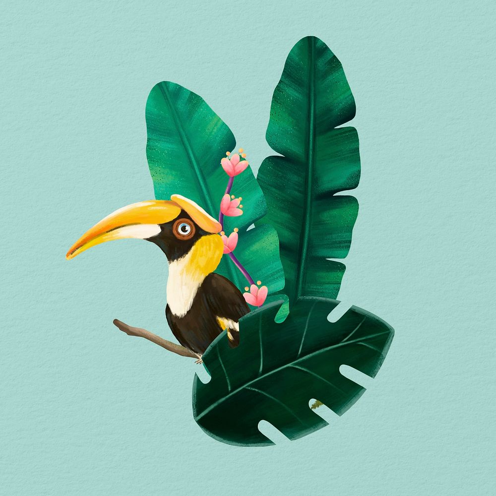 Tropical bird, green design, animal illustration