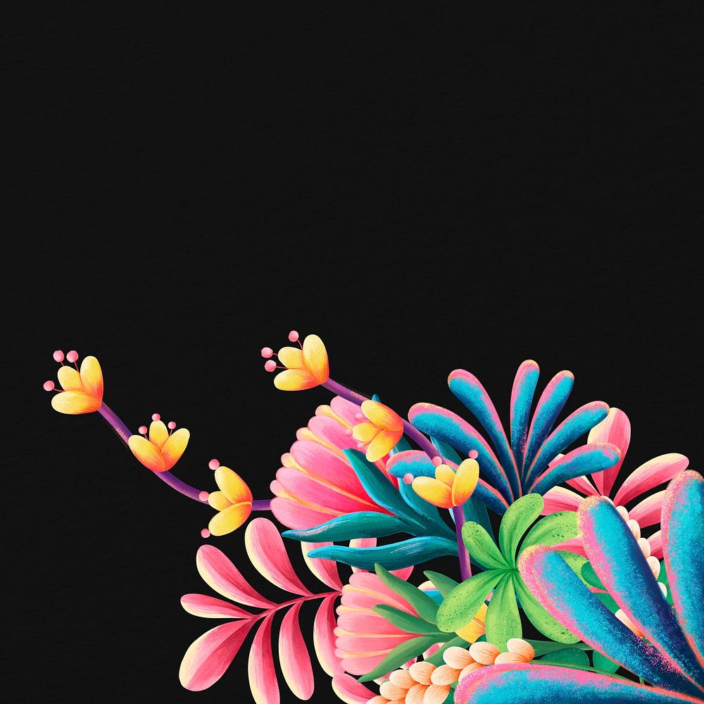 Colorful flowers background, black design, animal illustration