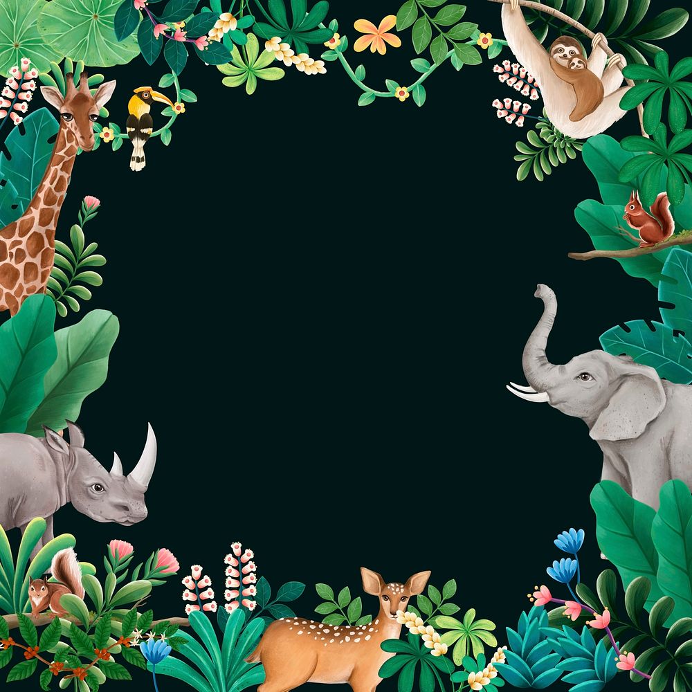 Jungle wildlife frame background, animal illustration