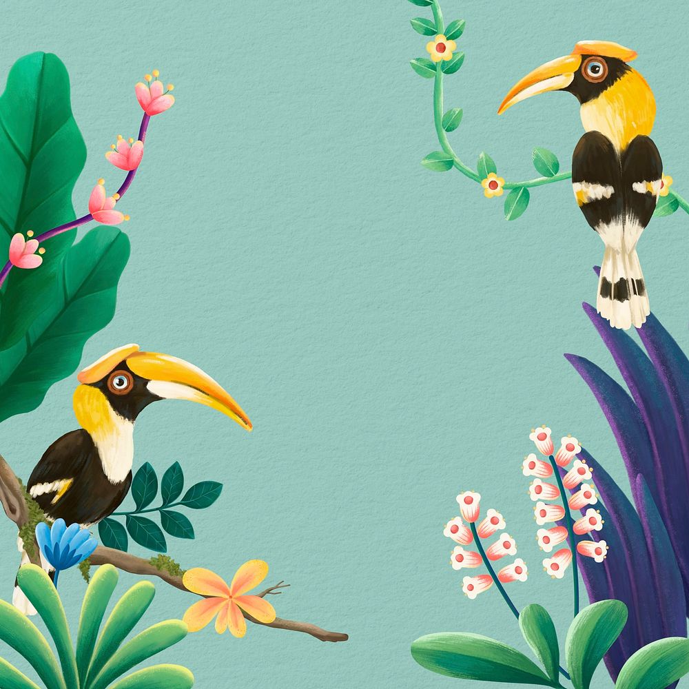 Hornbill birds background, green design, animal illustration