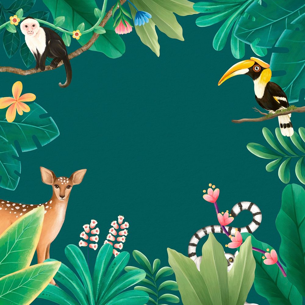 Tropical wildlife background, animal illustration