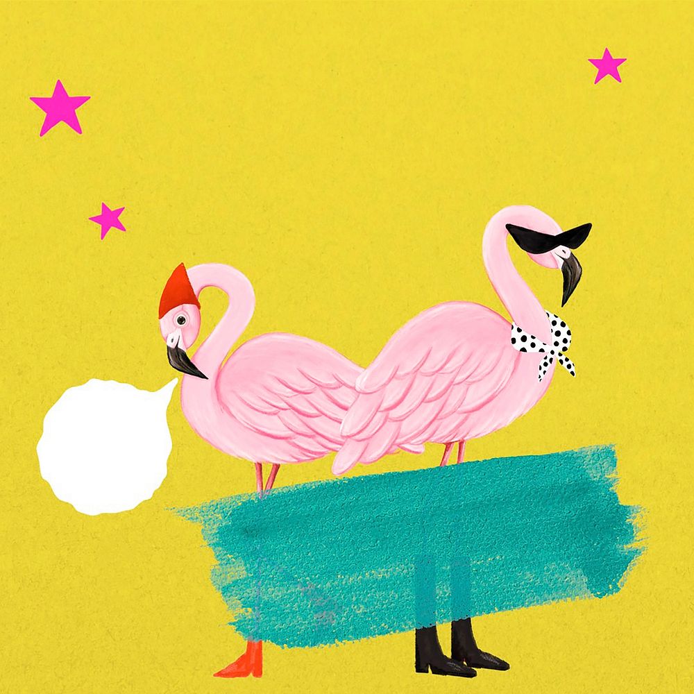 Cute flamingoes background, yellow design, animal illustration