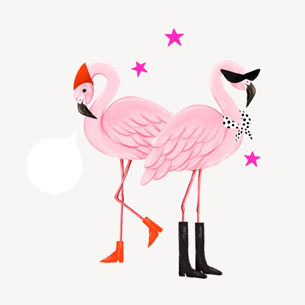 Cool flamingoes collage element, cute animal illustration