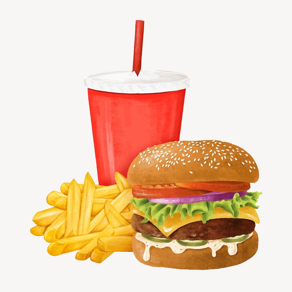 Cheeseburger and fries, fast food, drinks illustration vector