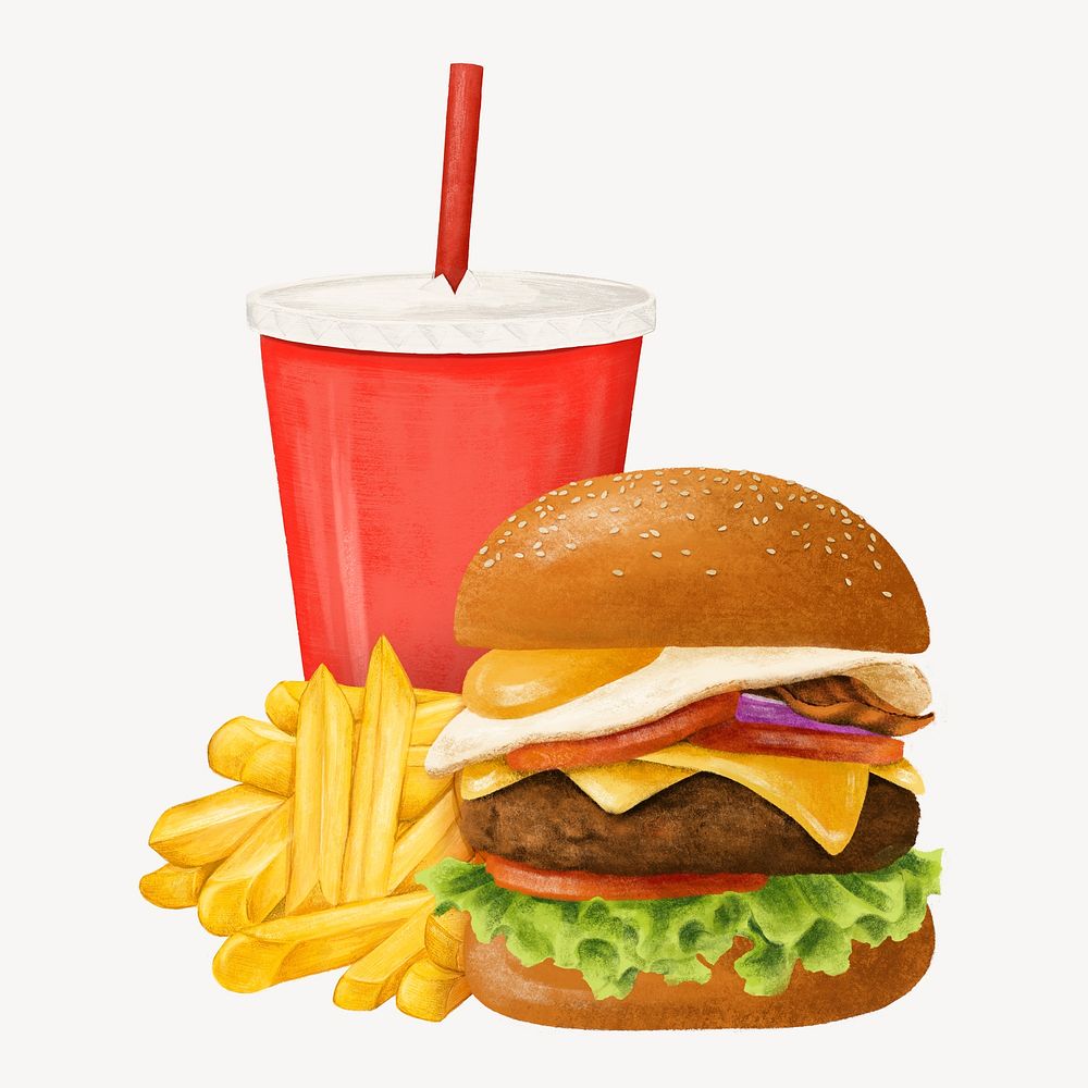 Cheeseburger and fries, fast food, drinks illustration