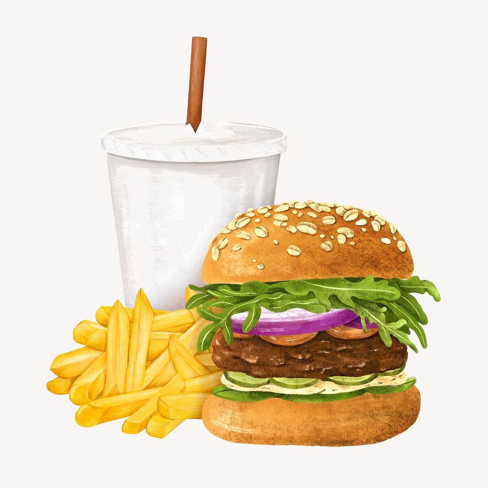 Hamburger and fries, fast food, drinks illustration vector