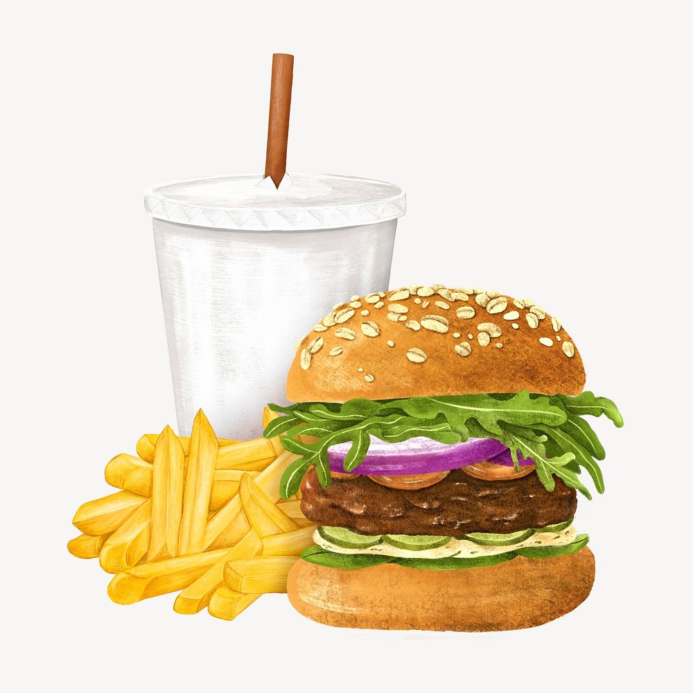 Hamburger and fries, fast food, drinks illustration