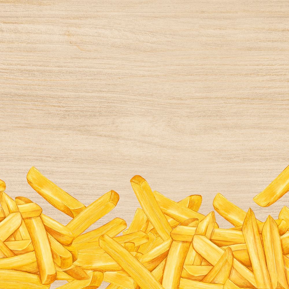 French fries border background, wooden texture design