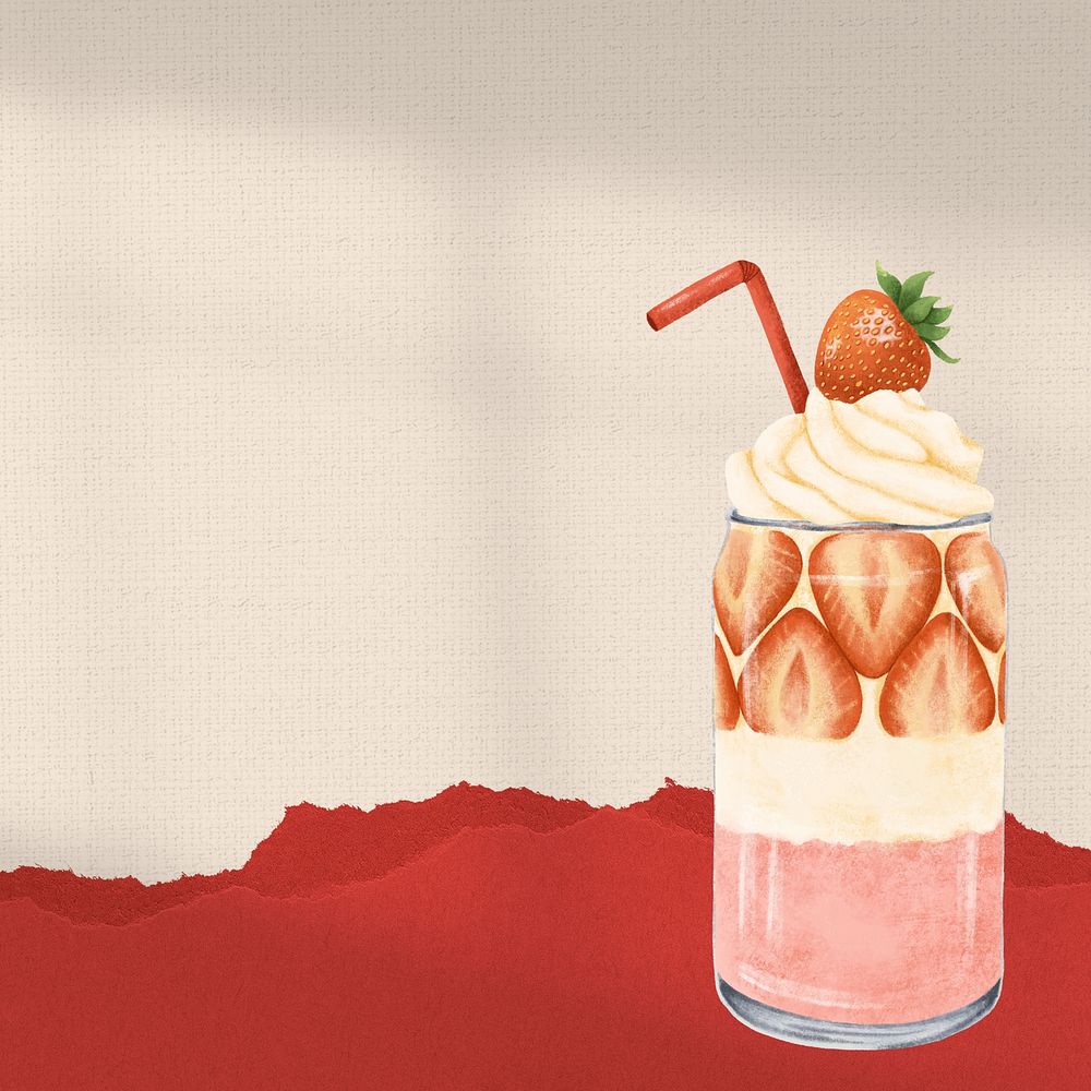 Strawberry parfait smoothie background, pink ripped paper border