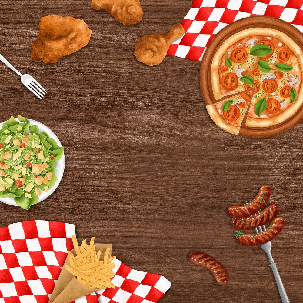 American food frame background, wooden table design