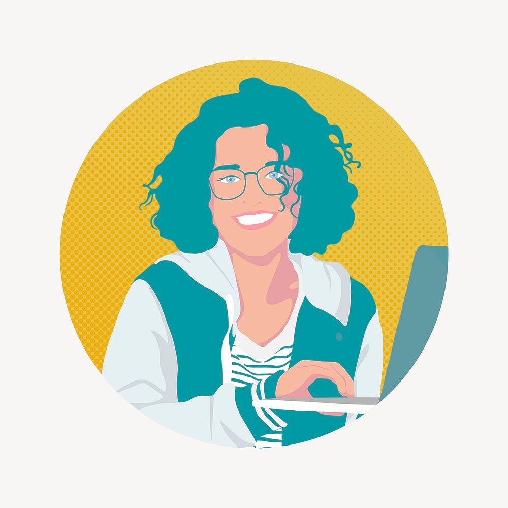 Happy woman working on laptop, badge illustration