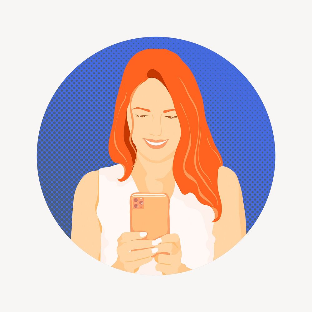 Cheerful woman texting on phone, badge illustration