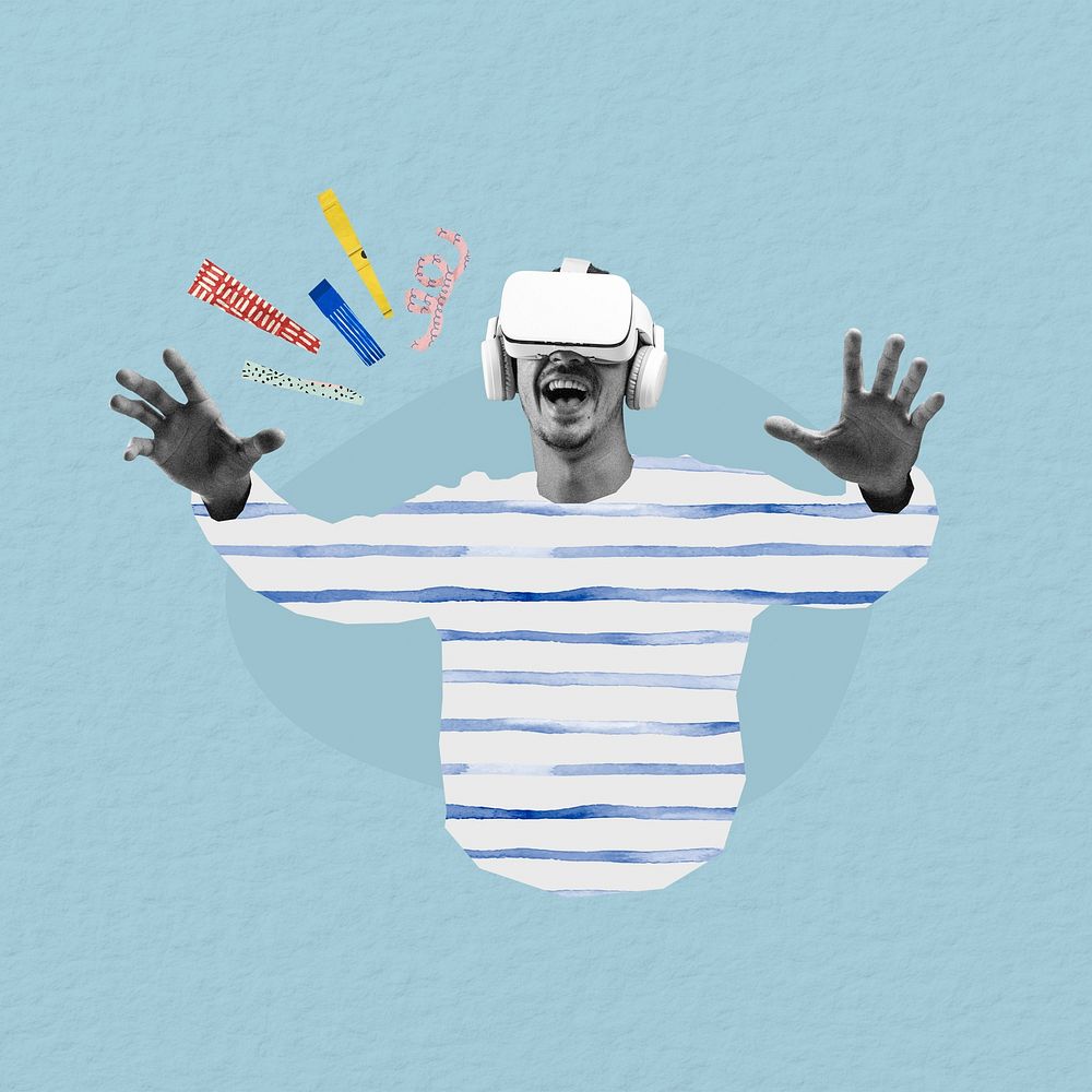 Man wearing VR headset, technology remix