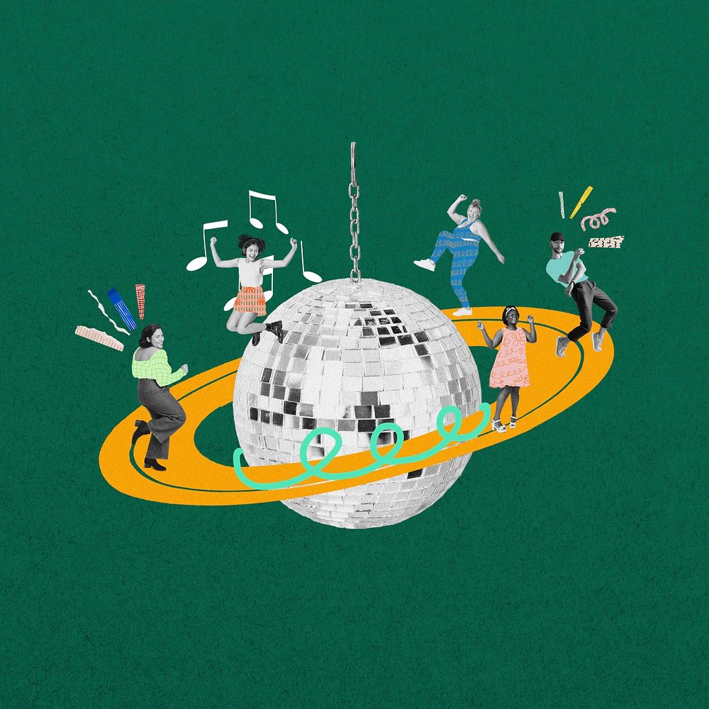 People dancing on disco ball, party mixed media