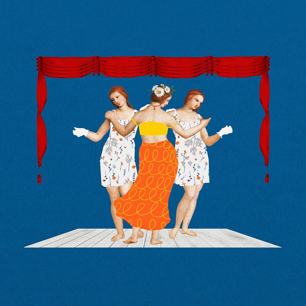 Three Graces women dancing on stage, remixed from artworks by Raphael