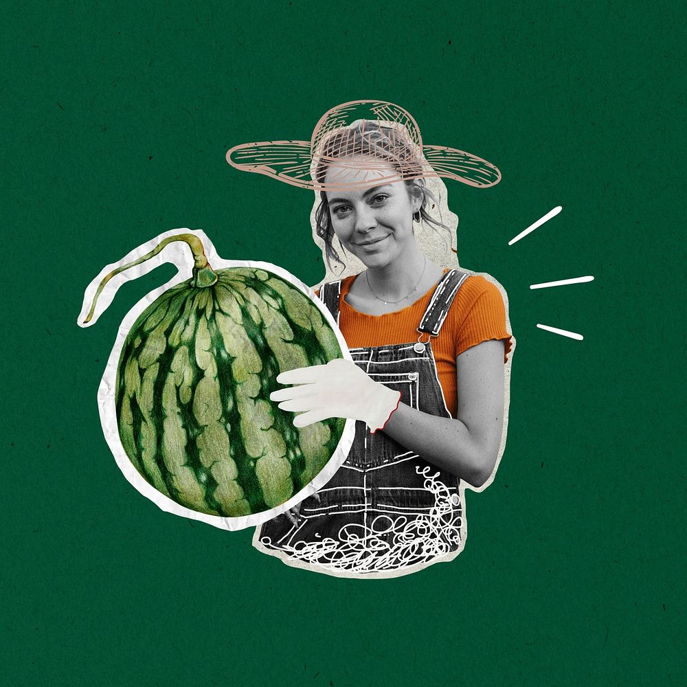 Woman holding watermelon, agriculture remix