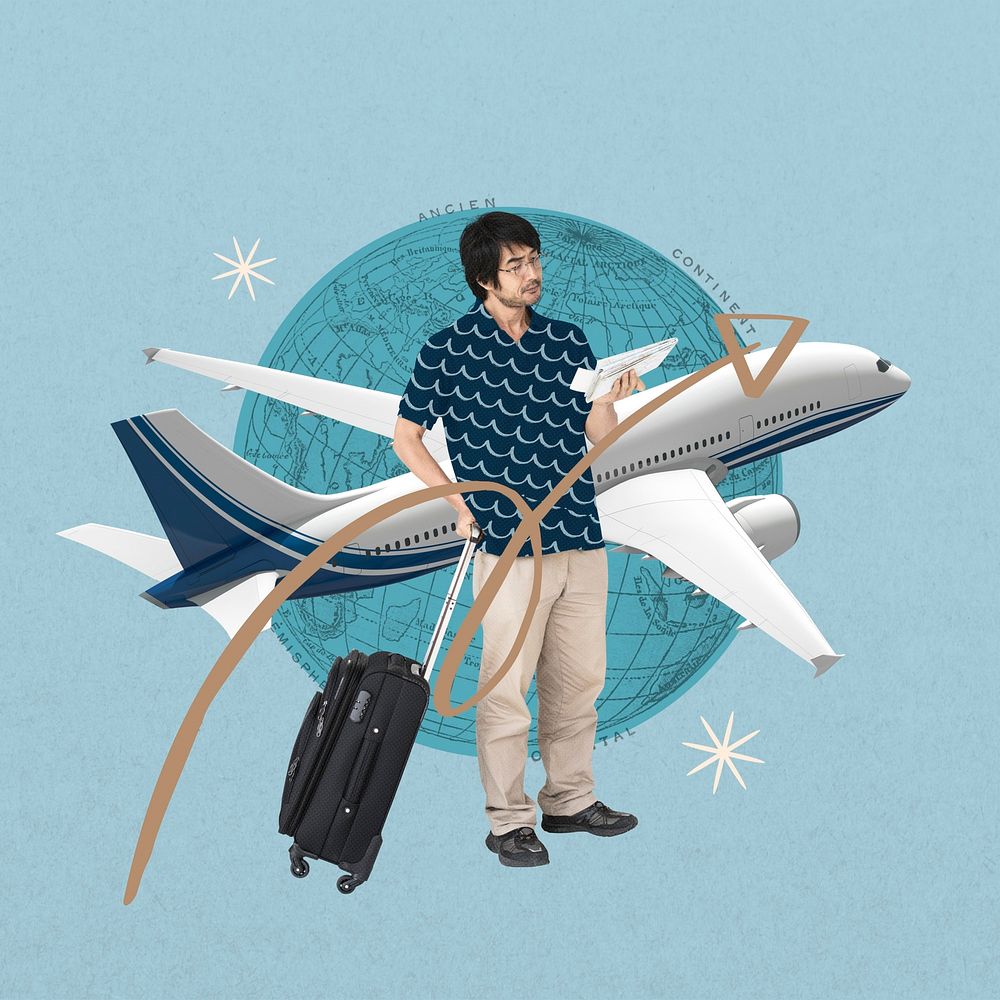 Man dragging luggage, holiday travel remix