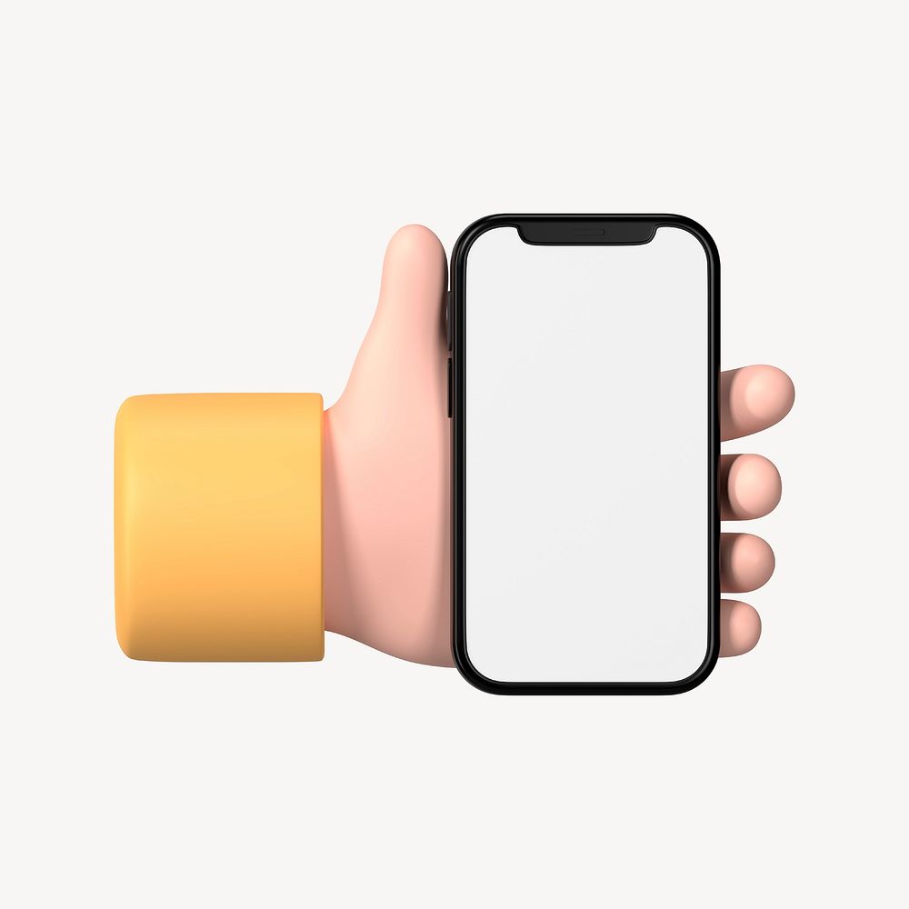 Hand holding smartphone, blank screen in 3D design