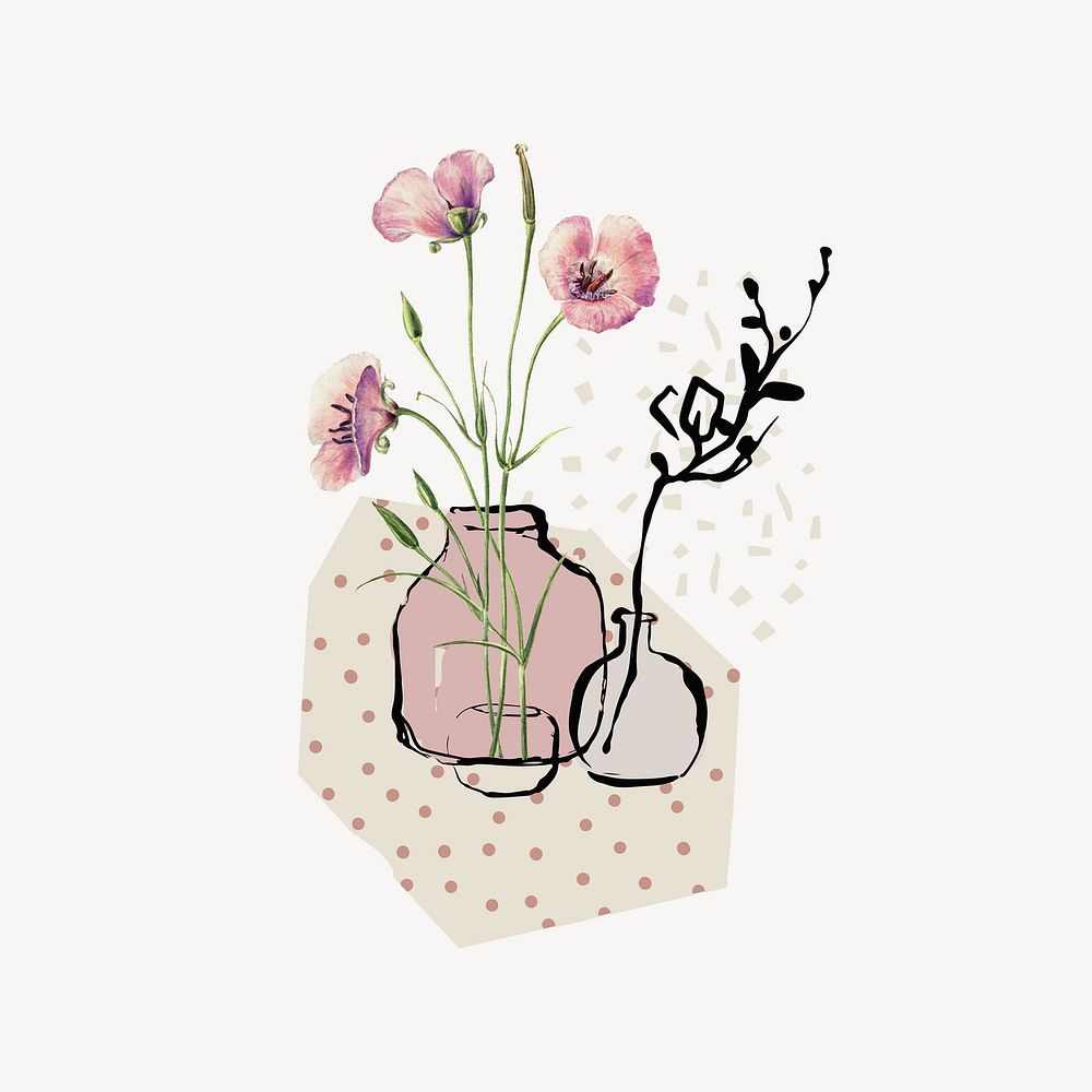 Surreal flower vase, pink botanical collage element