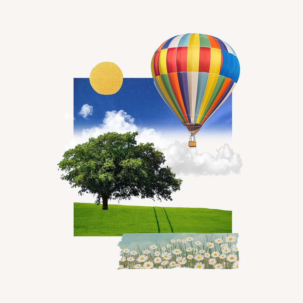 Summer travel collage element, hot air balloon design