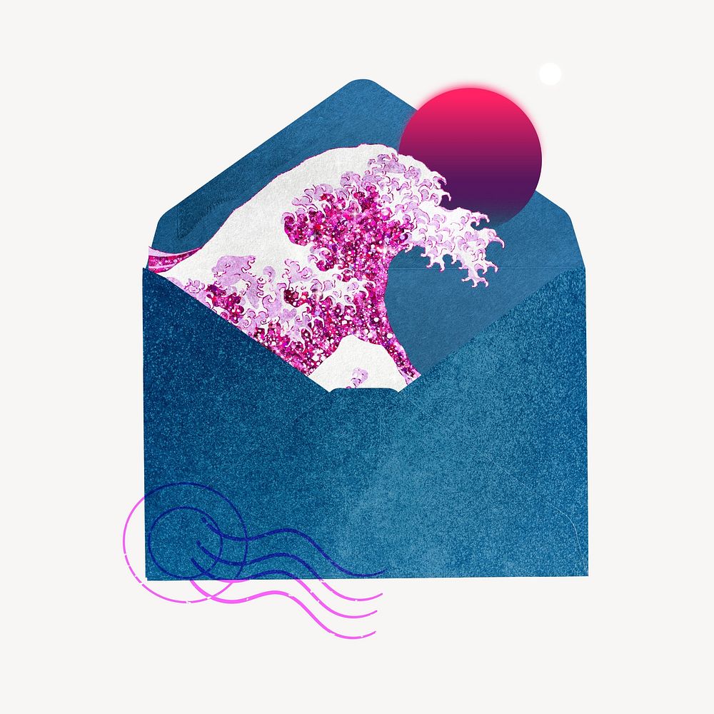 Hokusai's pink wave in letter. Remixed by rawpixel