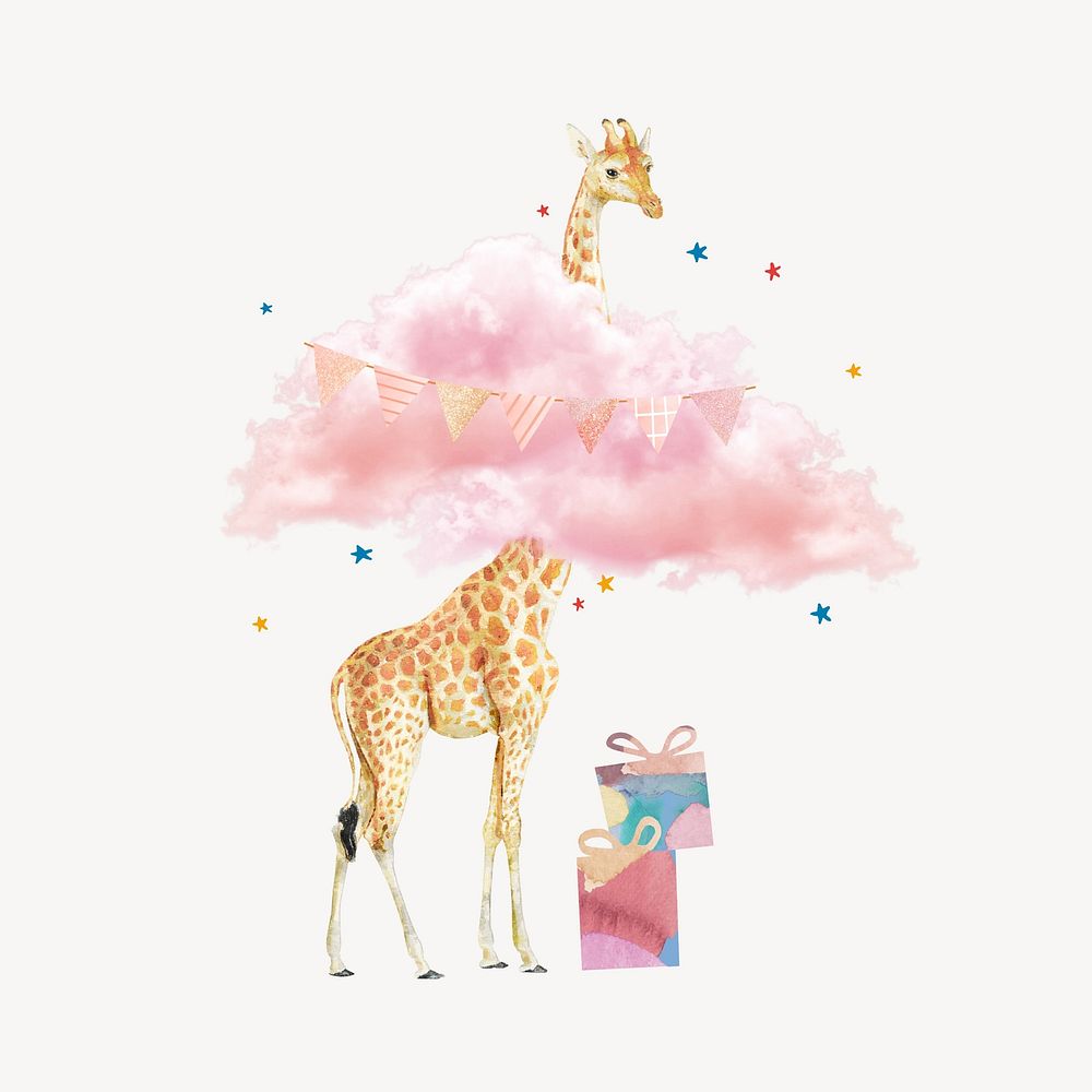 Birthday giraffe with pink clouds collage element