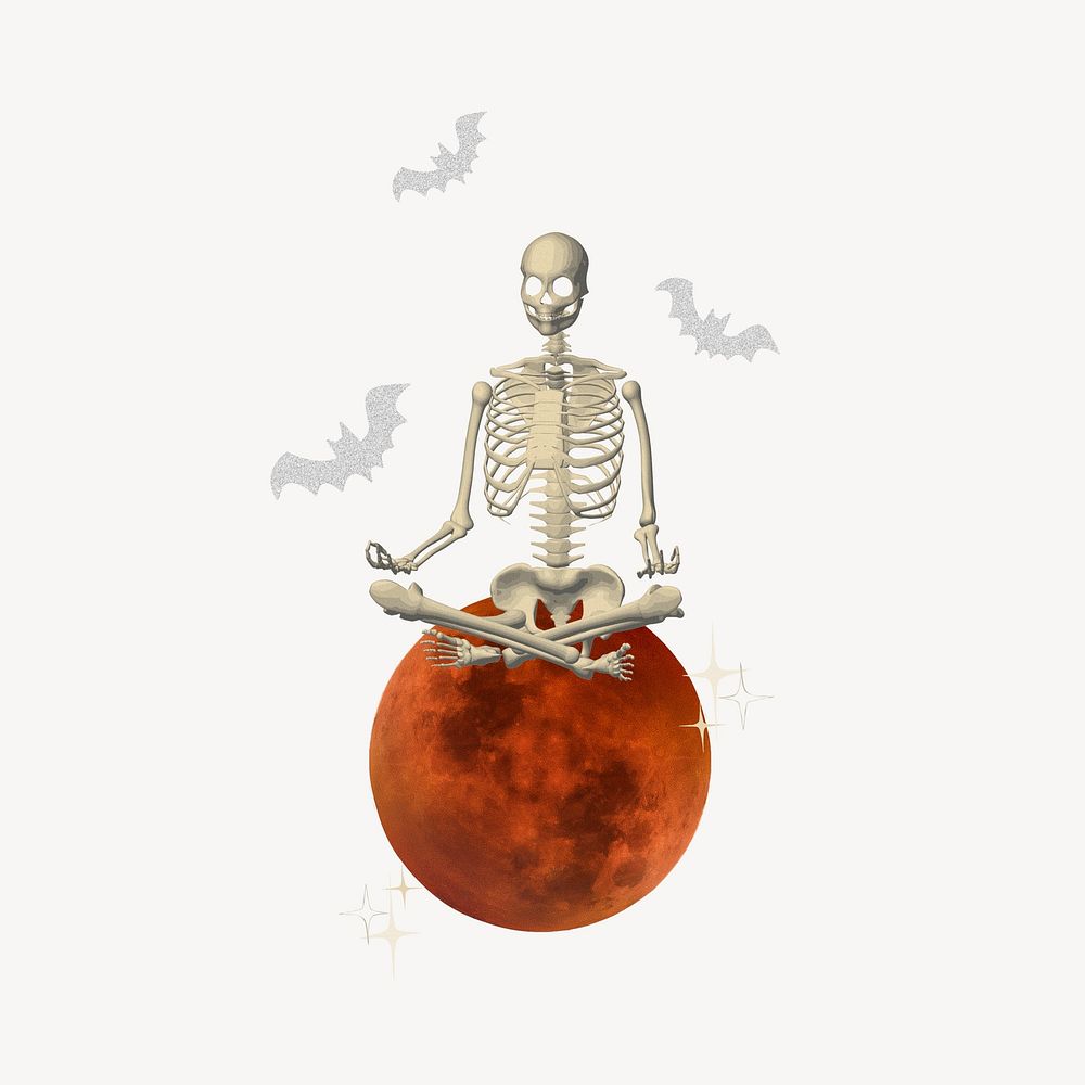 Skeleton on moon collage element, Halloween design