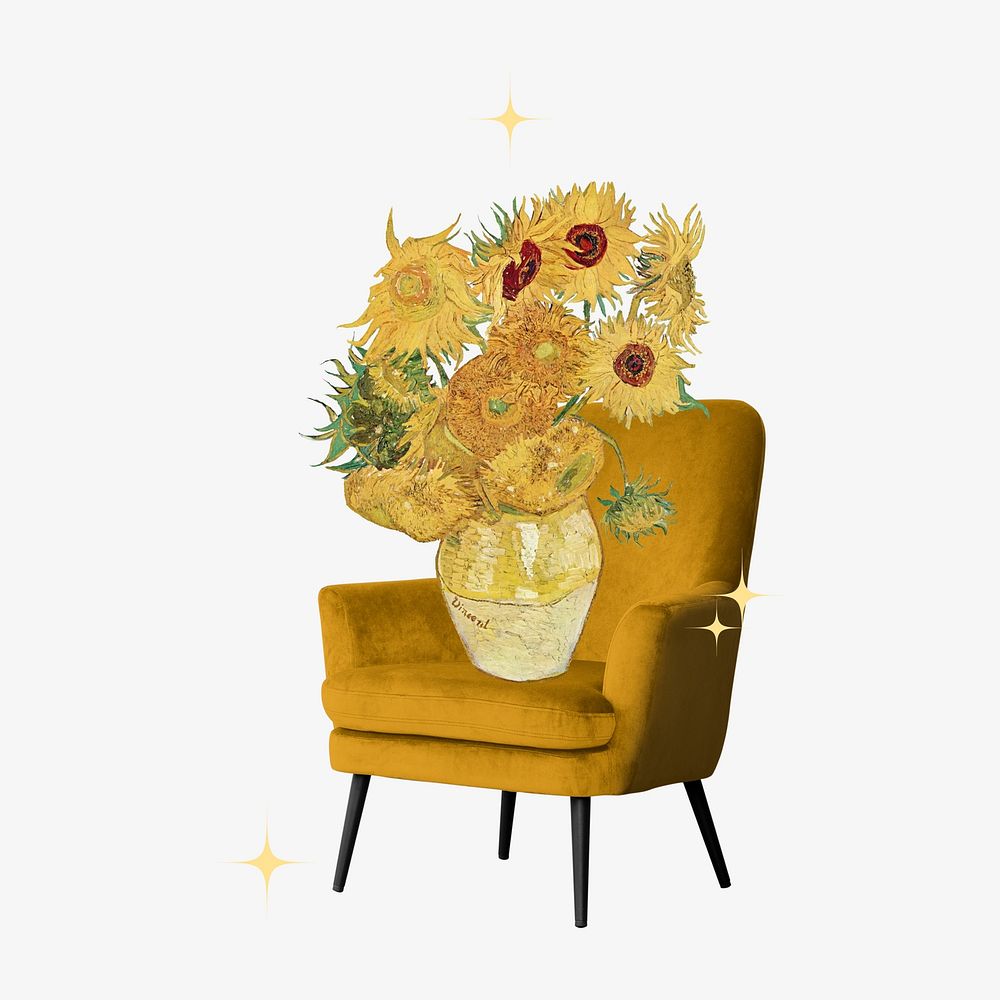 Van Gogh's sunflowers on a chair. Remixed by rawpixel